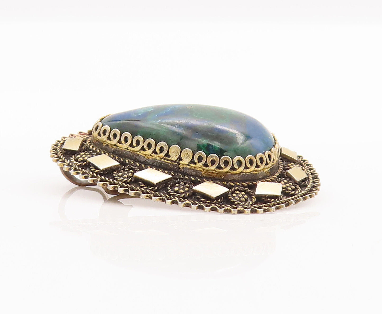 ISRAEL 925 Silver  Vintage Teardrop Azurite Halo Beaded Brooch Pin  BP10511