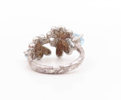 925 Sterling Silver Vintage Ring Blue Topaz Floral Cut Out Band  Sz 7.5  RG33491