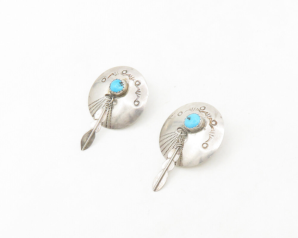 NAVAJO 925 Silver  Vintage Cabochon Turquoise Feather Drop Earrings  EG9636