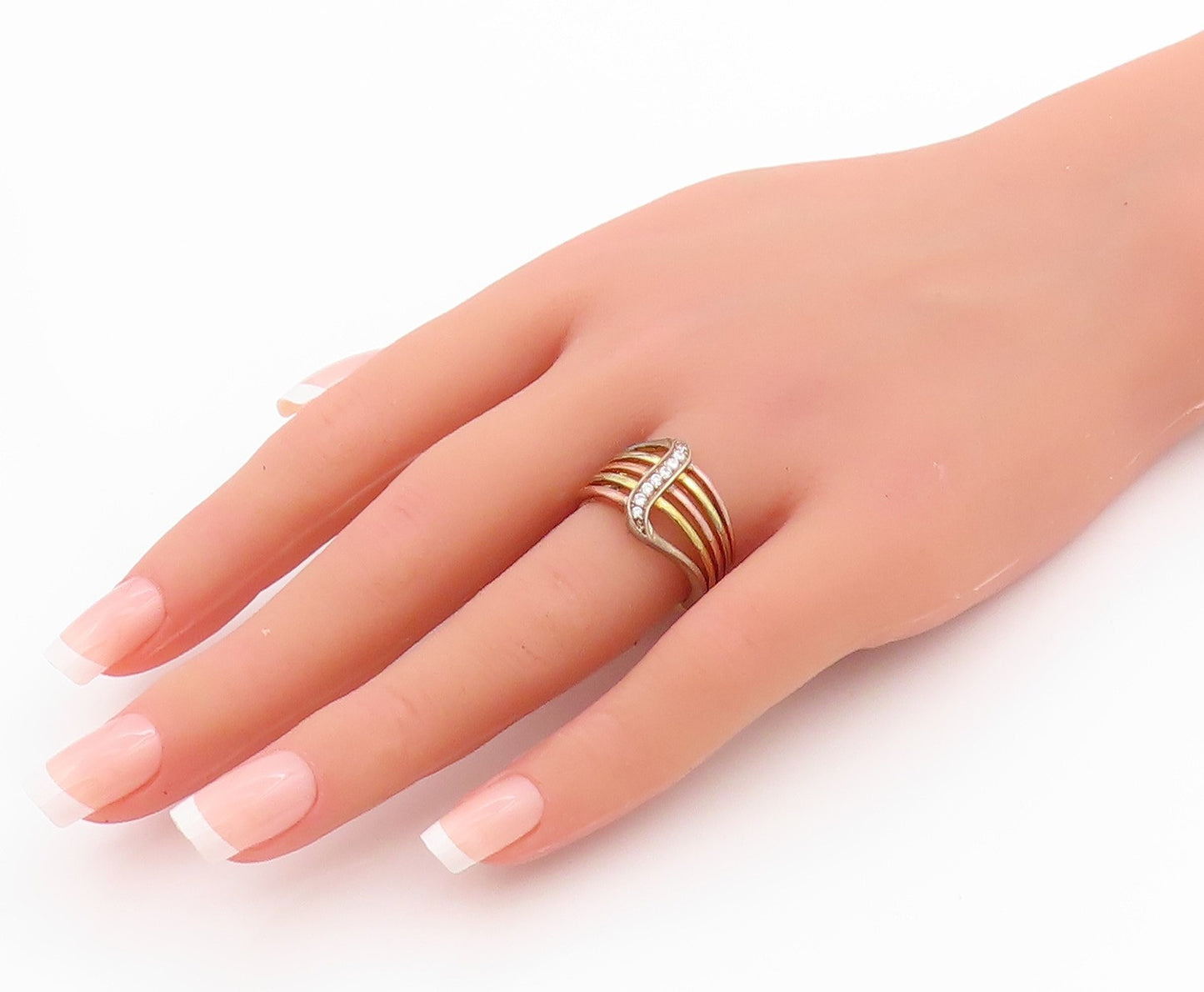925 Sterling Silver Vintage Ring Gold Plated CZ  Wavy Line Cut Out  Sz 7 RG33512