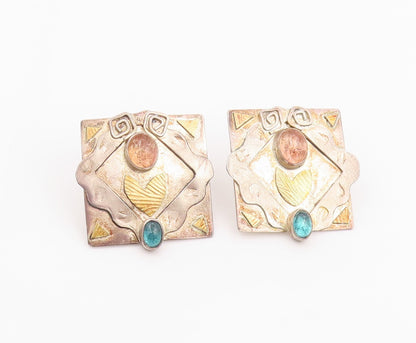 22k Gold & 925 Sterling Silver Vintage Earrings Gemstone Designer Studs  EG14060