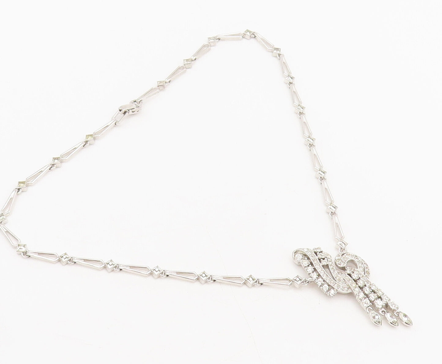 925 Sterling Silver  Vintage Swirly Rhinestone Musical Note Necklace  NE4076