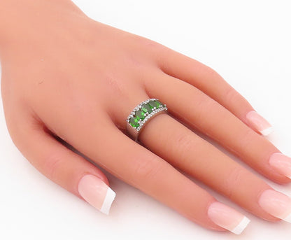 925 Sterling Silver Vintage Ring Oval Cut Green & White CZ Inlay Sz 7 RG30002