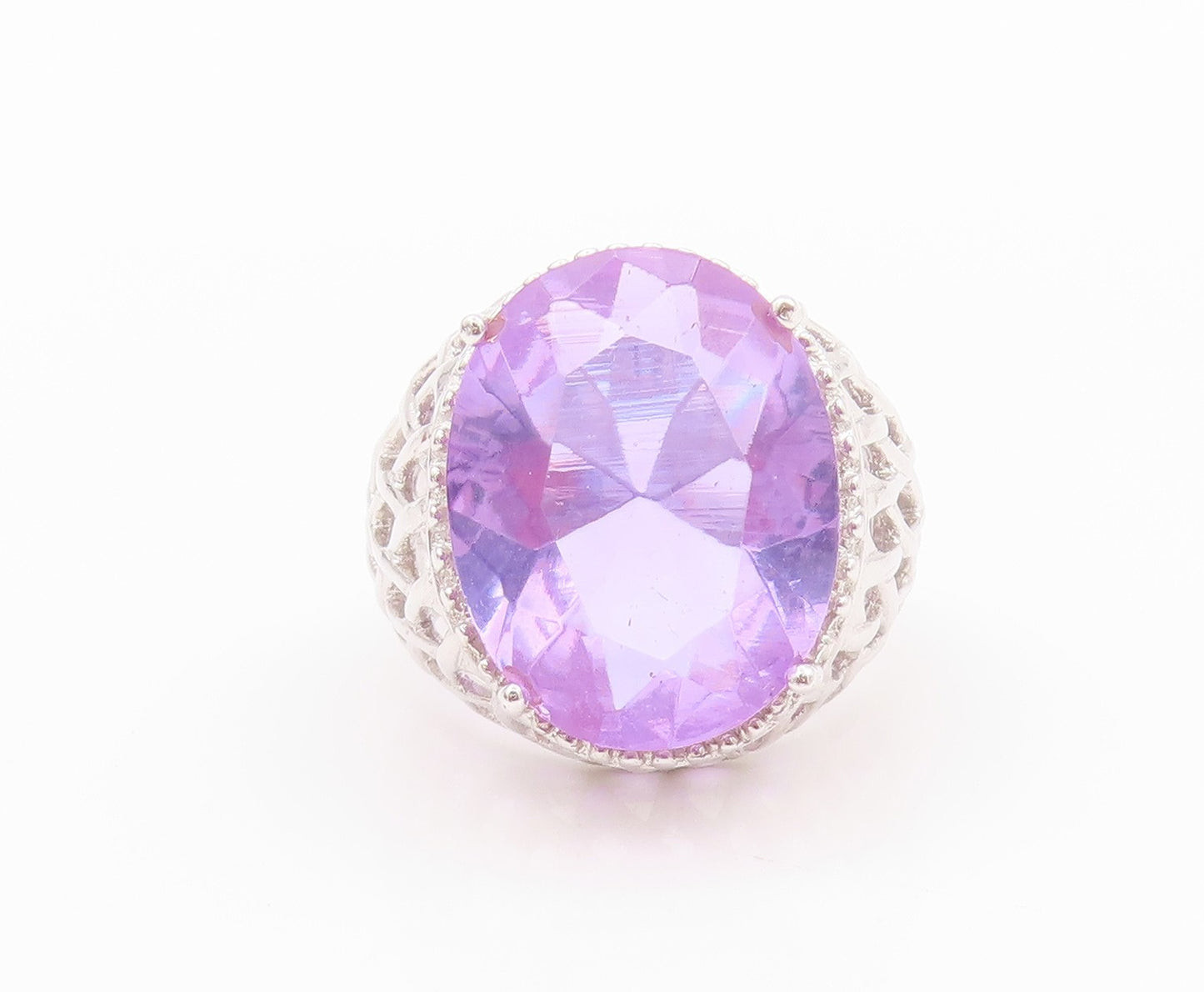 925 Sterling Silver Vintage Ring Cutout Band Oval Purple Gemstone  SZ 7  RG32230