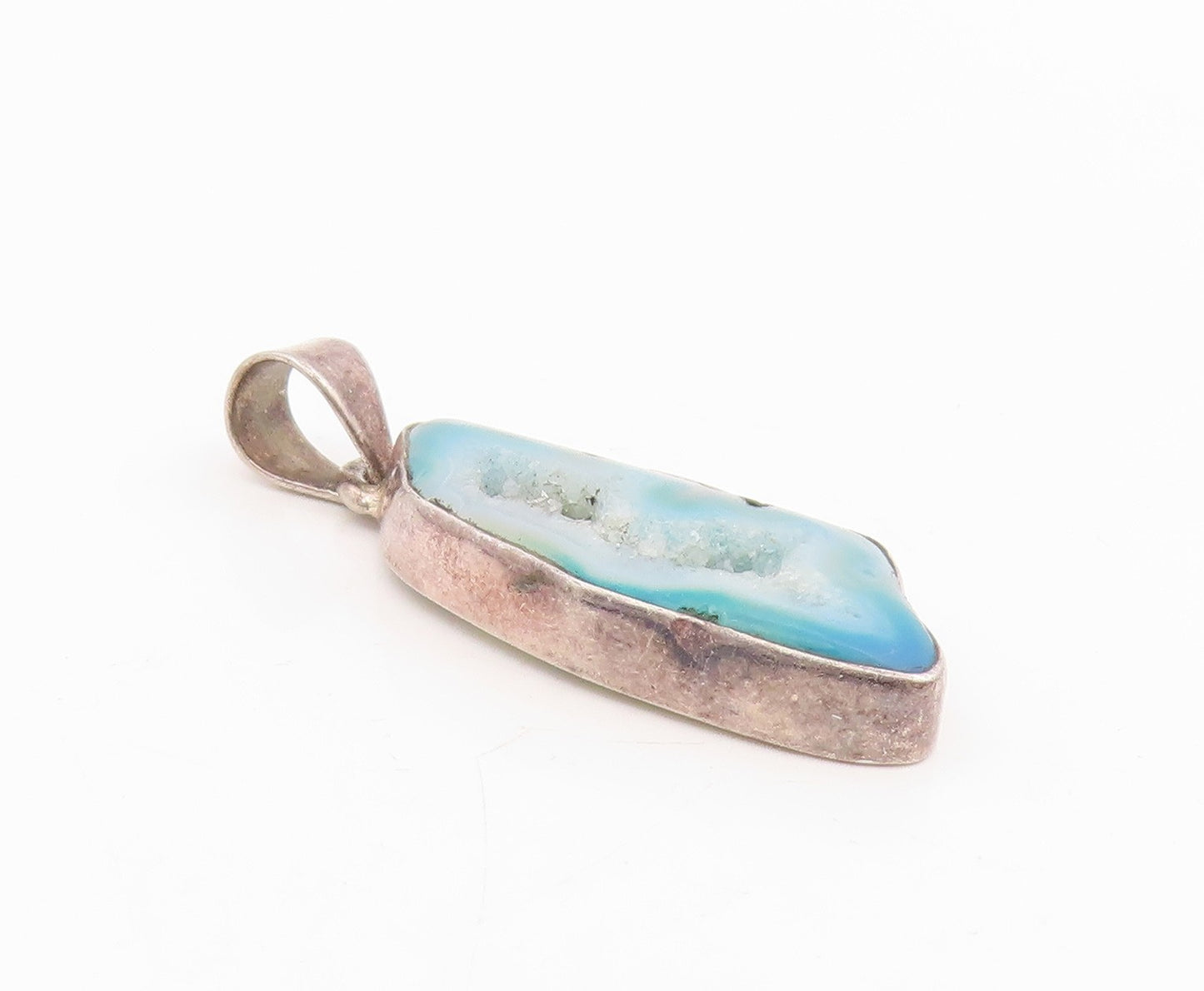 925 Sterling Silver Vintage Pendant Modernist Blue Drusy Quartz Charm  PT25788