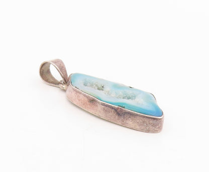 925 Sterling Silver Vintage Pendant Modernist Blue Drusy Quartz Charm  PT25788