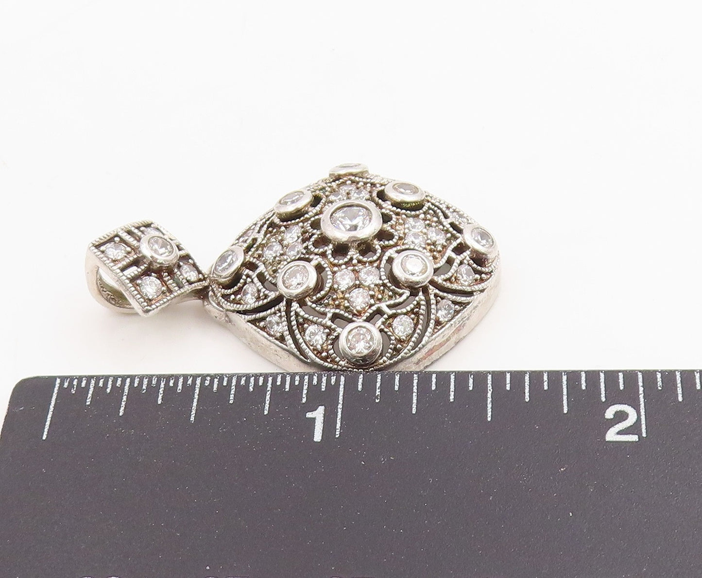 925 Sterling Silver Vintage Pendant Round CZ Intricate Victorian Style  PT25493