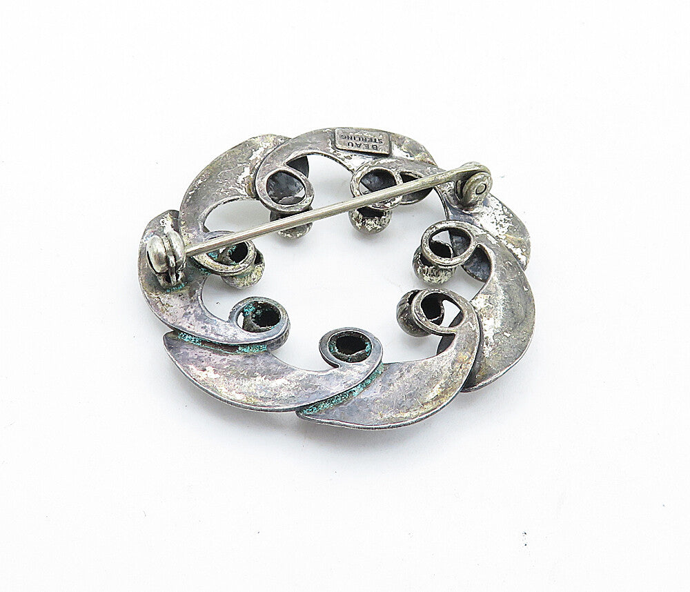 BEAU 925 Sterling Silver  Vintage Oxidized Floral Wreath Brooch Pin  BP2660