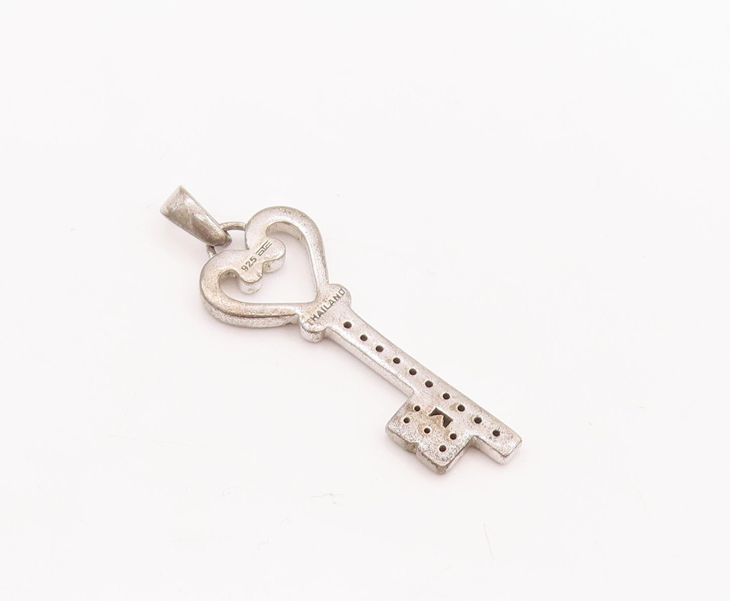 925 Sterling Silver Vintage Pendant Pink Topaz Inlay Key With Heart  PT23343