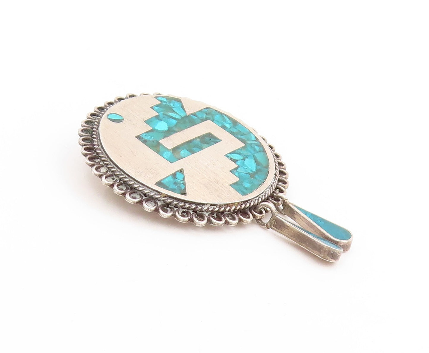 925 Sterling Silver Vintage Brooch MEXICO Aztec Crushed Turquoise Inlay  BP11858