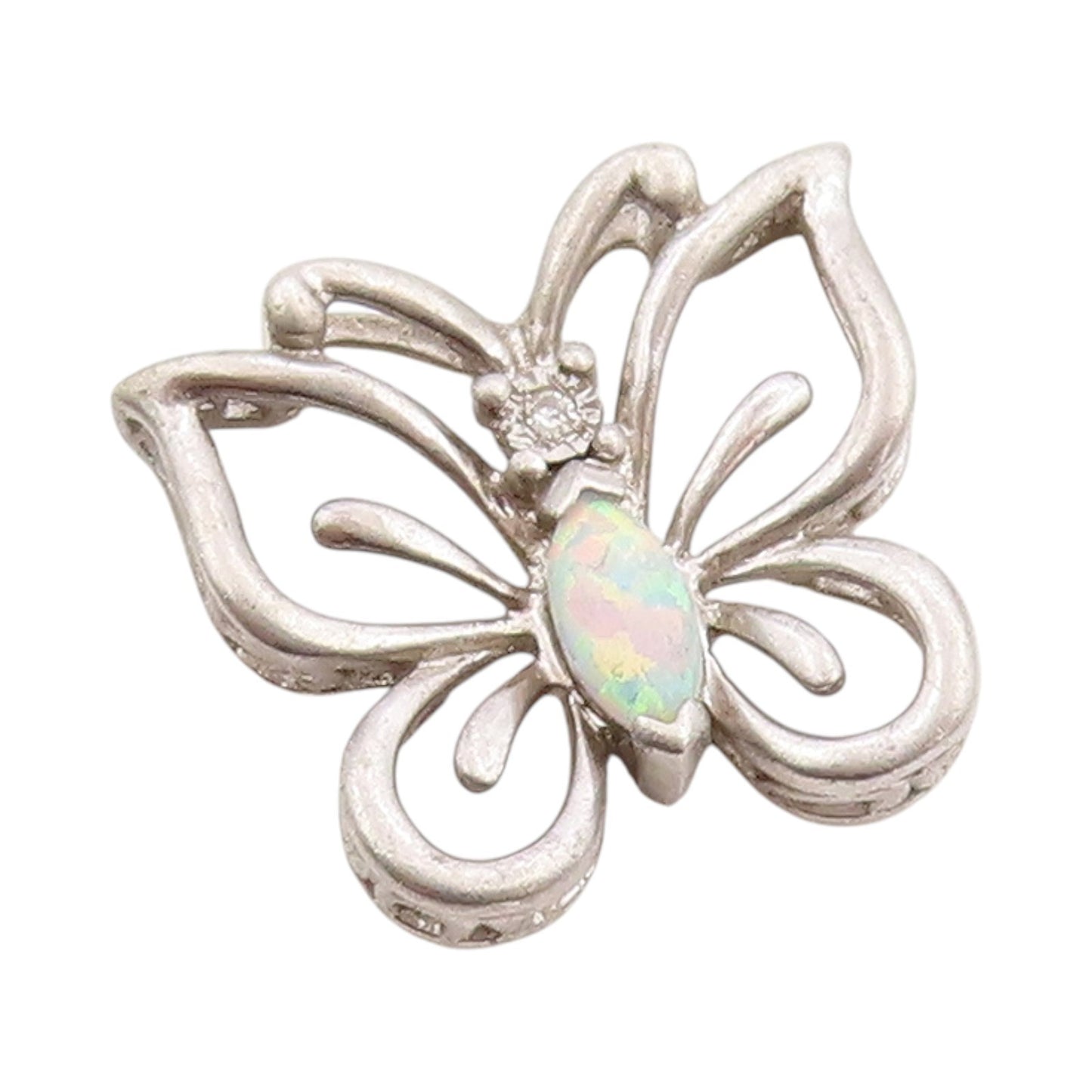 925 Sterling Silver Vintage Pendant Diamonds & Opal Cutout Butterfly  PT24692