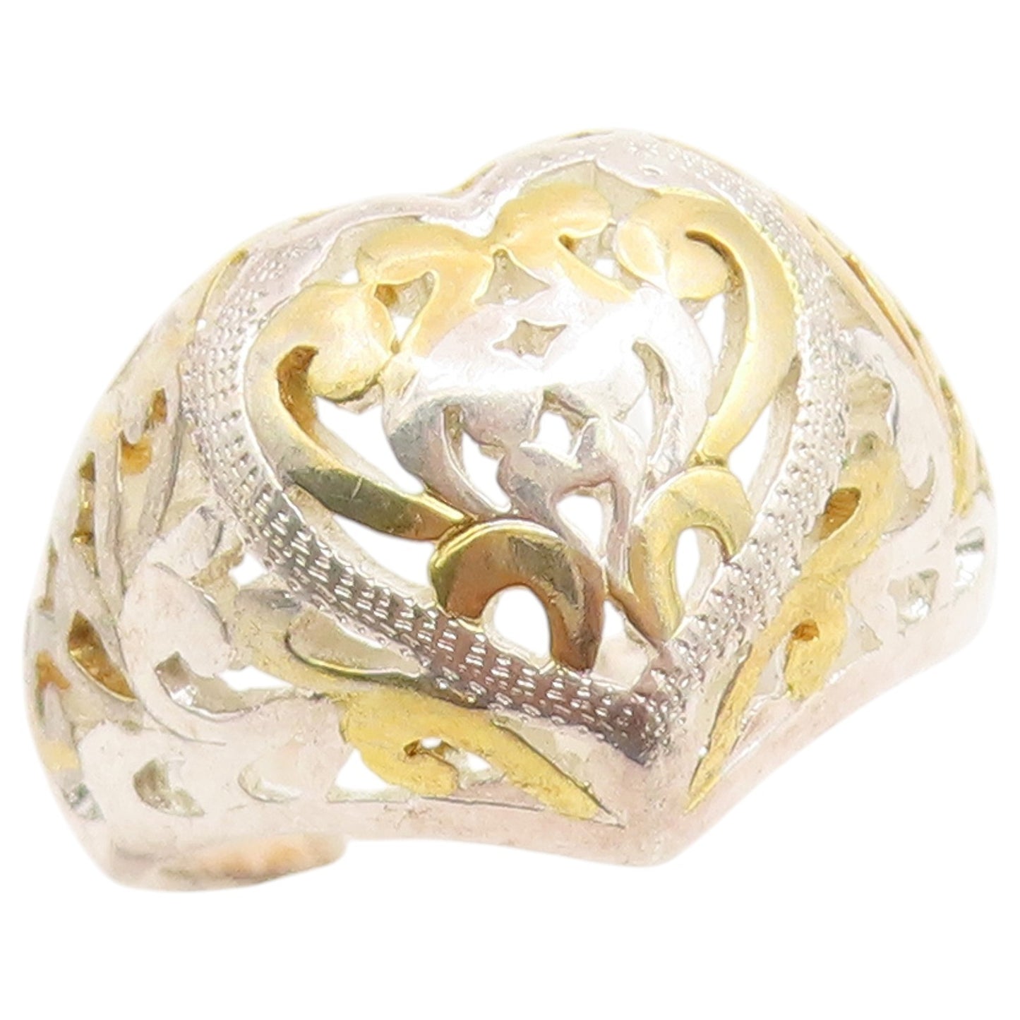 925 Sterling Silver Vintage Ring Two Tone Love Heart Scroll Band  Sz 7  RG36710