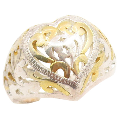 925 Sterling Silver Vintage Ring Two Tone Love Heart Scroll Band  Sz 7  RG36710