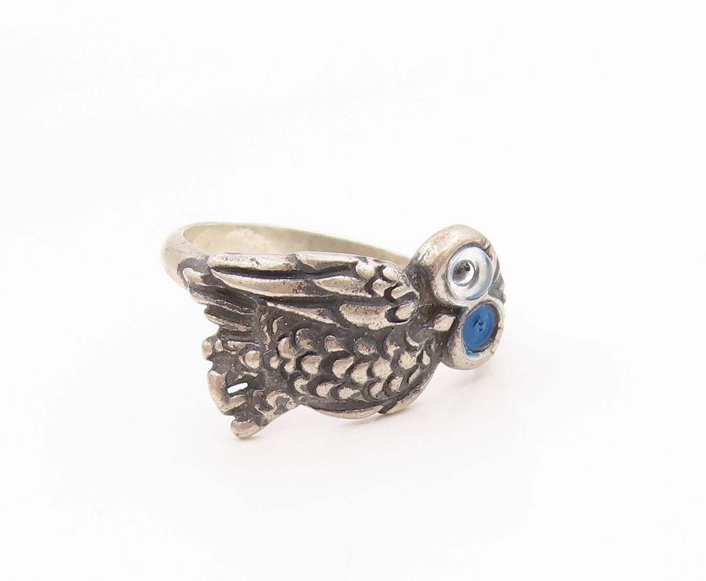 925 Sterling Silver Vintage Ring Blue Eyed Wise Owl Motif Band  Sz 7.5  RG36111