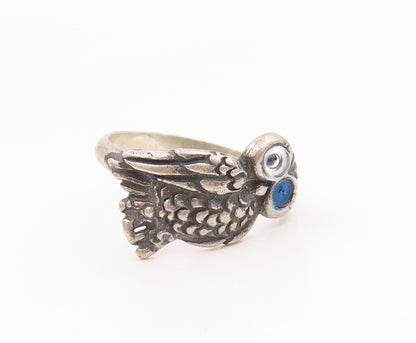 925 Sterling Silver Vintage Ring Blue Eyed Wise Owl Motif Band  Sz 7.5  RG36111