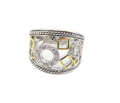 925 Sterling Silver   Shiny Cubic Zirconia Open 2 Tone Band Ring Sz 6  RG9184