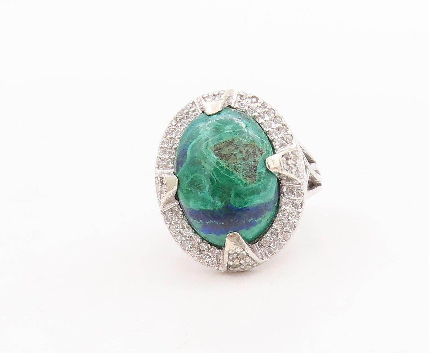 925 Sterling Silver Vintage Ring Oval Azurite Halo CZ Frame  Sz 7 RG29352