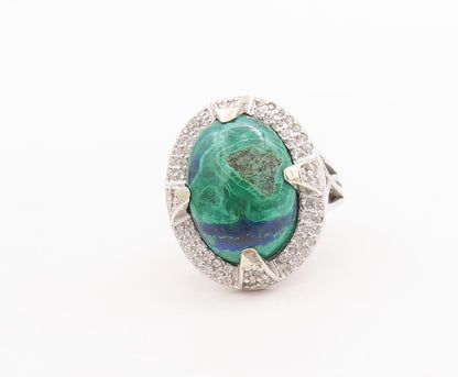 925 Sterling Silver Vintage Ring Oval Azurite Halo CZ Frame  Sz 7 RG29352