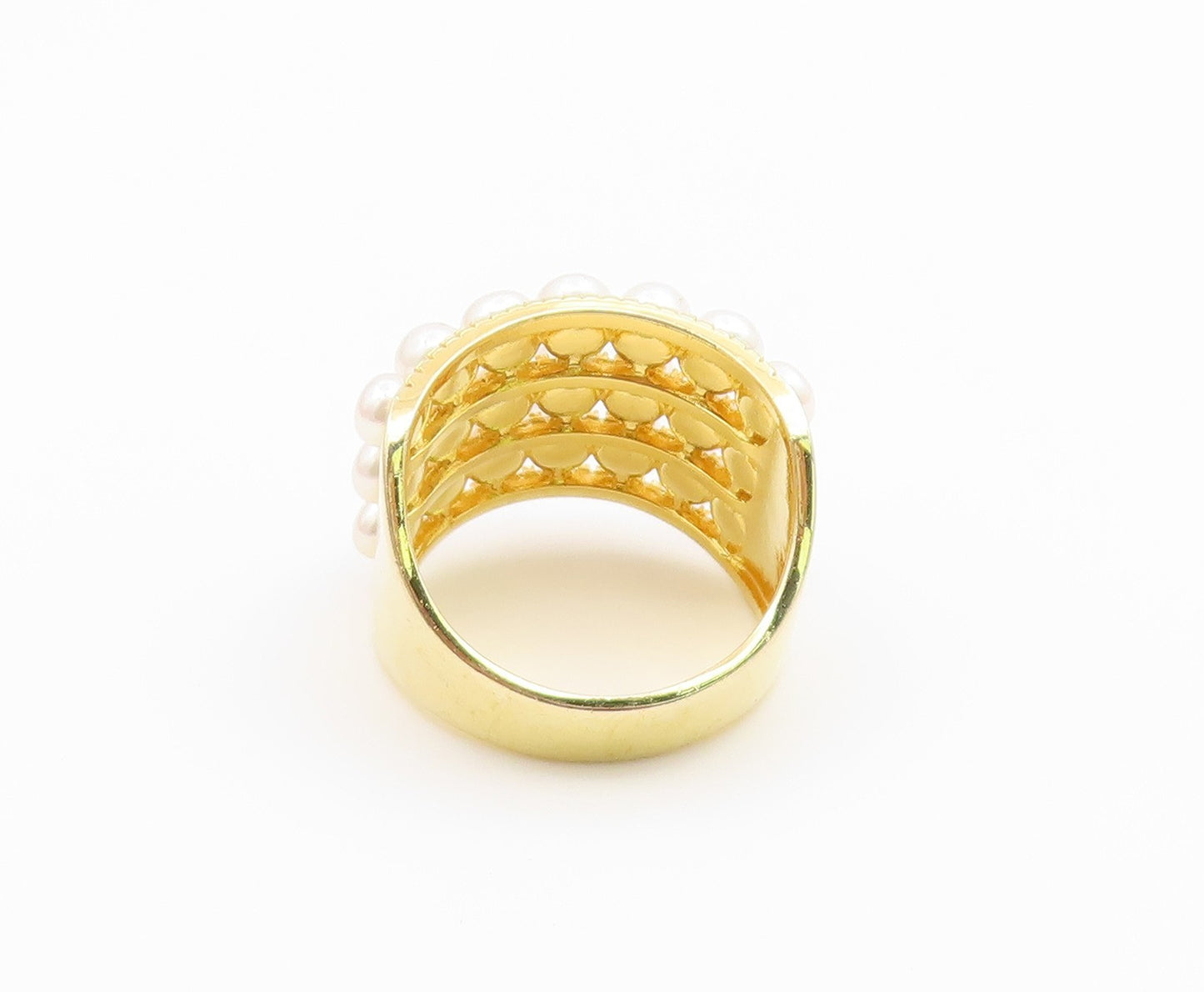 925 Sterling Silver Vintage Ring Gold Plated Multi Row Pearl Band Sz 10 RG36783