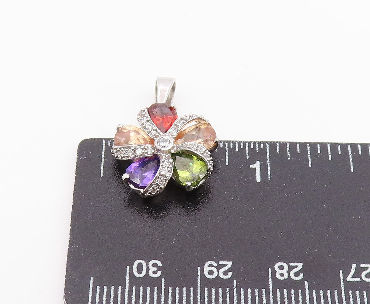 925 Sterling Silver Vintage Pendant Multi Gemstone Elegant Floral Charm  PT25969