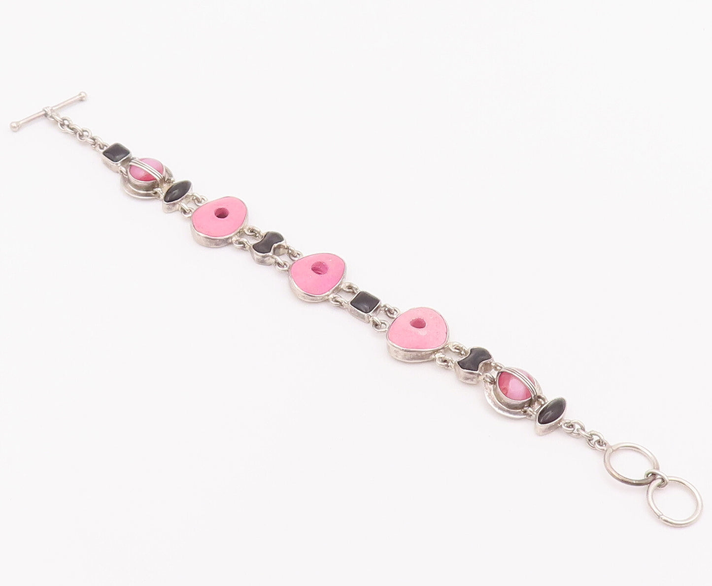 925 Sterling Silver Vintage Bracelet Linked Bubblegum Pink Donut Onyx  BT10378
