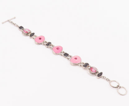 925 Sterling Silver Vintage Bracelet Linked Bubblegum Pink Donut Onyx  BT10378