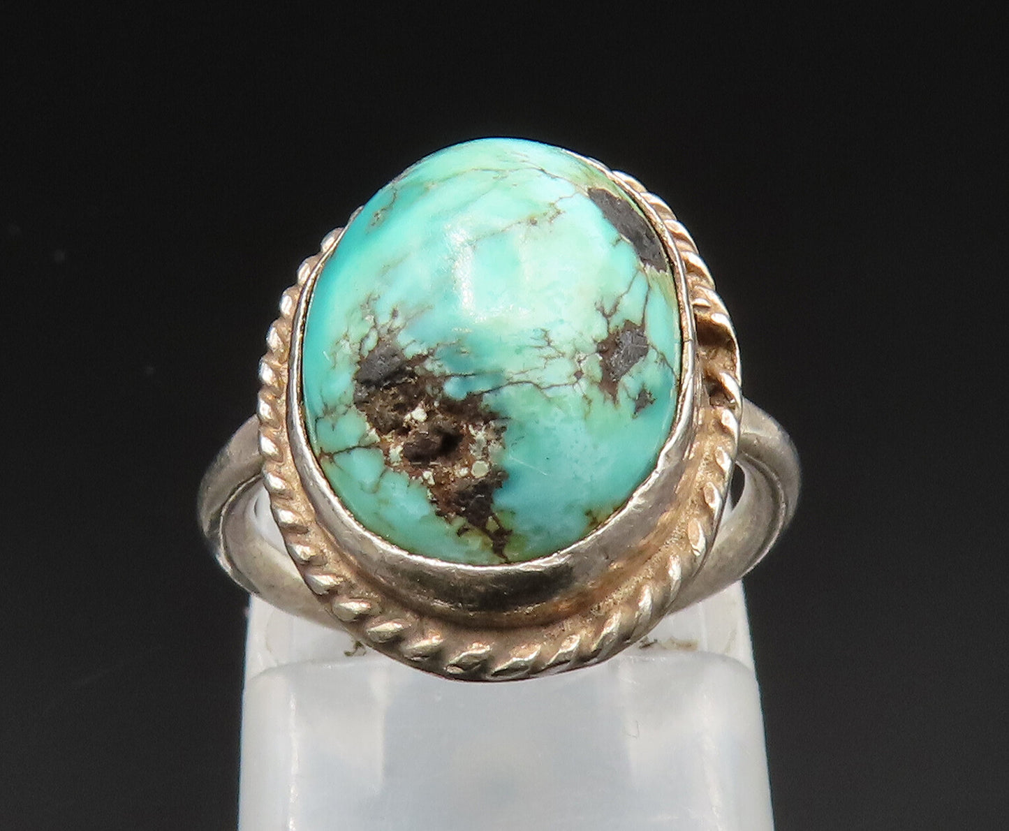 SOUTHWESTERN 925 Silver Vintage Rope Twist Edge Turquoise Ring Sz 3 RG24746