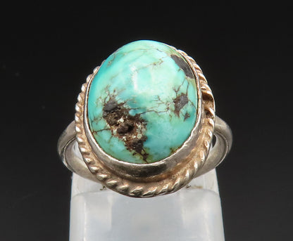 SOUTHWESTERN 925 Silver Vintage Rope Twist Edge Turquoise Ring Sz 3 RG24746