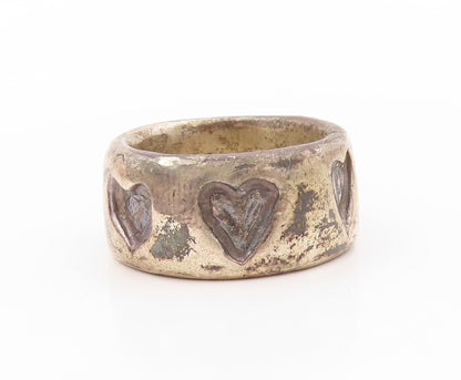 925 Sterling Silver Vintage Ring Dark Tone Etched Love Hearts  SZ 9.5  RG32008