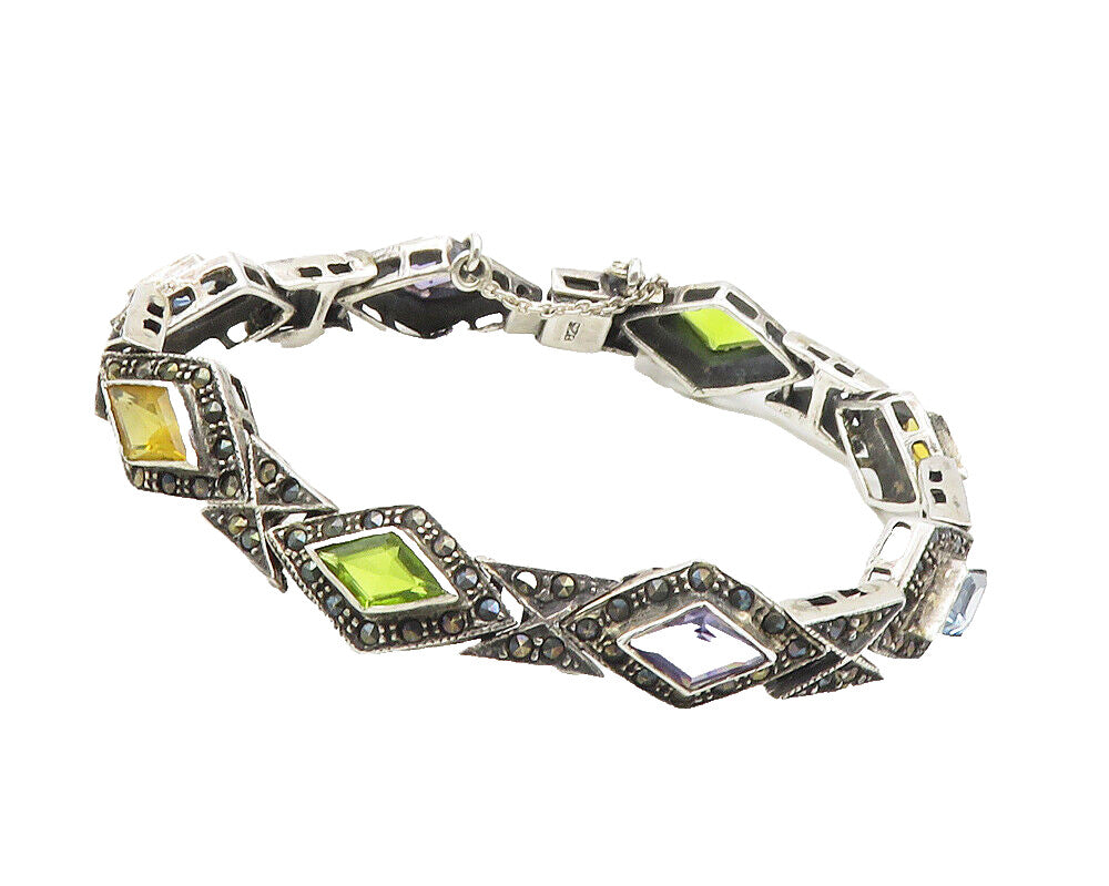 925 Sterling Silver Vintage Amethyst & Multi Stone Chain Bracelet BT4163