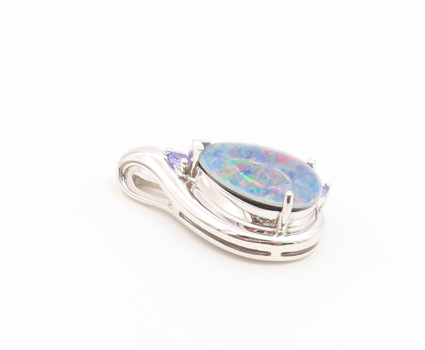 925 Sterling Silver Vintage Pendant Fire Opal & Tanzanite Teardrop  PT26590