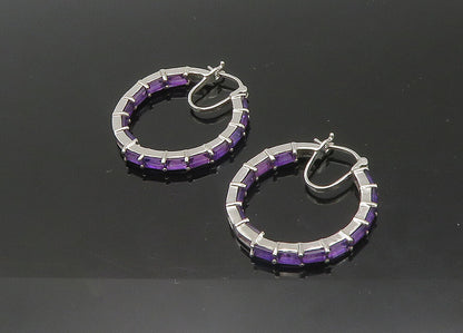 925 Sterling Silver  Vintage Prong Set Amethyst Shiny Hoop Earrings  EG10928