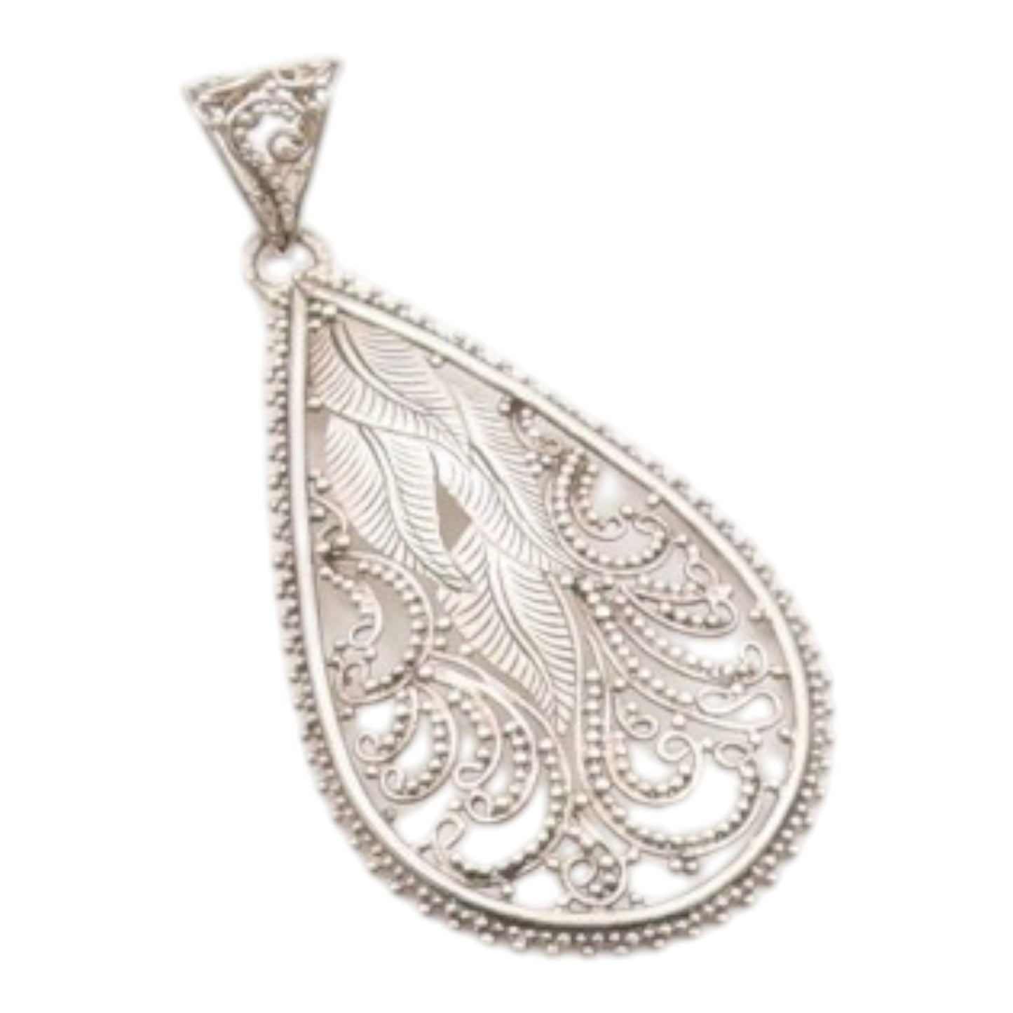 925 Silver  Vintage Beaded Leaf Vine Swirl Pear Shape Dome Pendant  PT20481