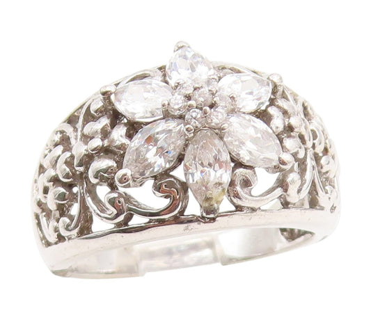 925 Sterling Silver Vintage Ring CZ Elegant Floral Scrollwork Band Sz 7 RG34607