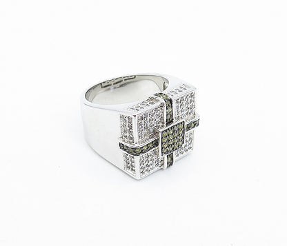 925 Sterling Silver Topaz Encrusted Large Square Band Ring Sz 11 RG4033