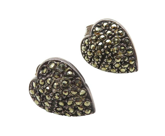 925 Sterling Silver  Vintage Petite Marcasite Love Heart Stud Earrings  EG5722