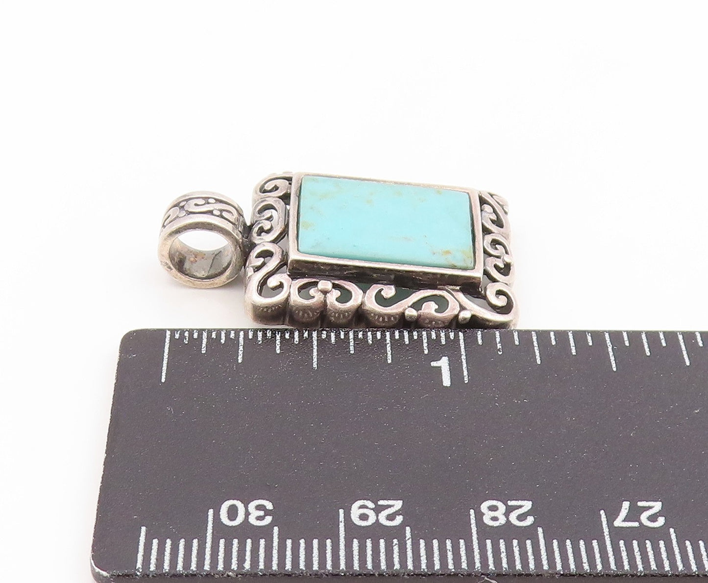 925 Sterling Silver Vintage Pendant Blue Turquoise Rectangle Scrollwork  PT25827