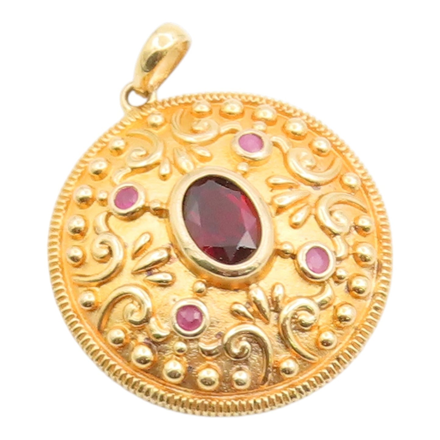 925 Sterling Silver Vintage Pendant Gold Plated Garnet & Ruby Medallion  PT26216