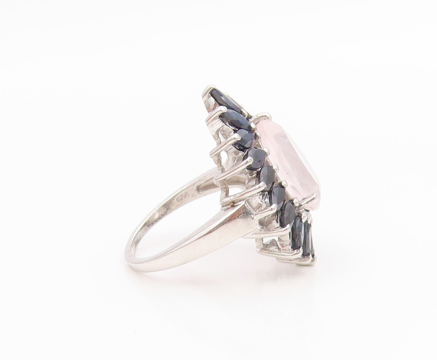 925 Sterling Silver Vintage Ring Elegant Rose Quartz & Sapphire  Sz 8.5  RG36147