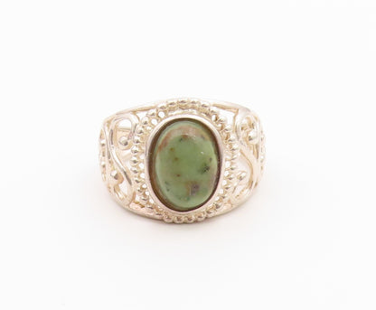 925 Sterling Silver Vintage Ring Cabochon Turquoise Openwork Band Sz 8.5 RG36579