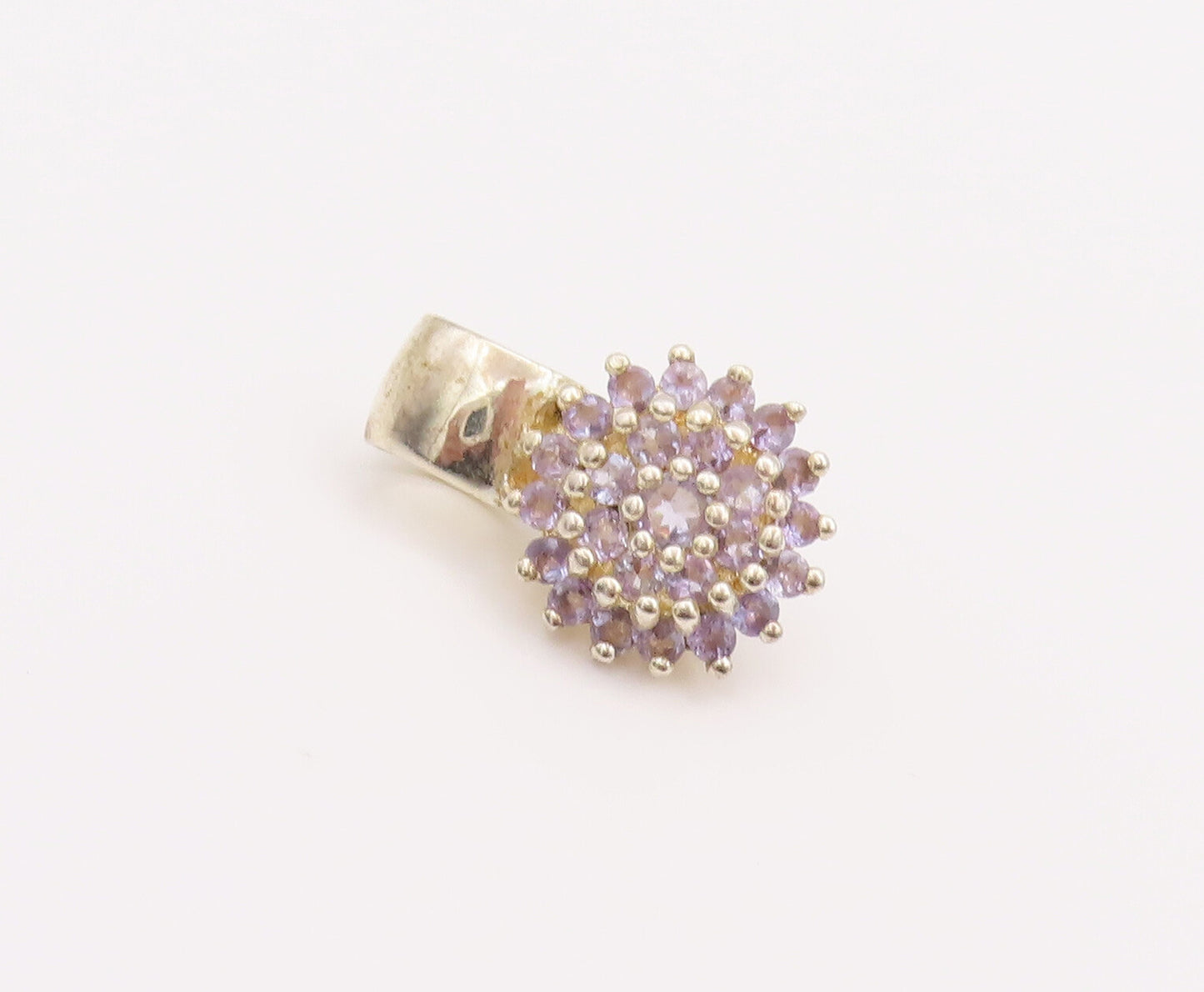 925 Sterling Silver Vintage Pendant  Round Tanzanite Beaded Flower  PT22994