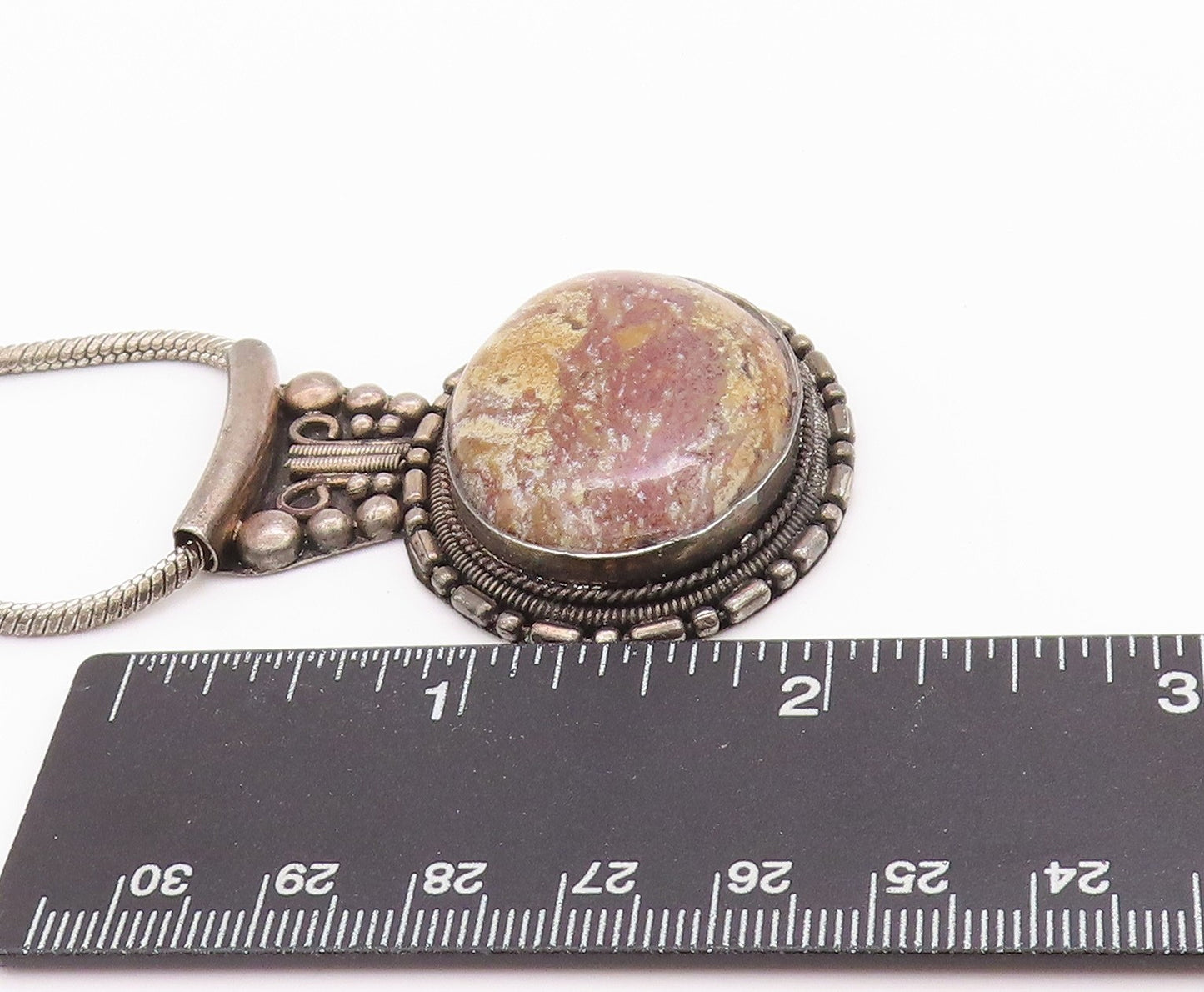 925 Sterling Silver Vintage Necklace Antique Beaded Oval Gemstone NE4590