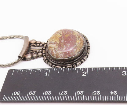 925 Sterling Silver Vintage Necklace Antique Beaded Oval Gemstone NE4590