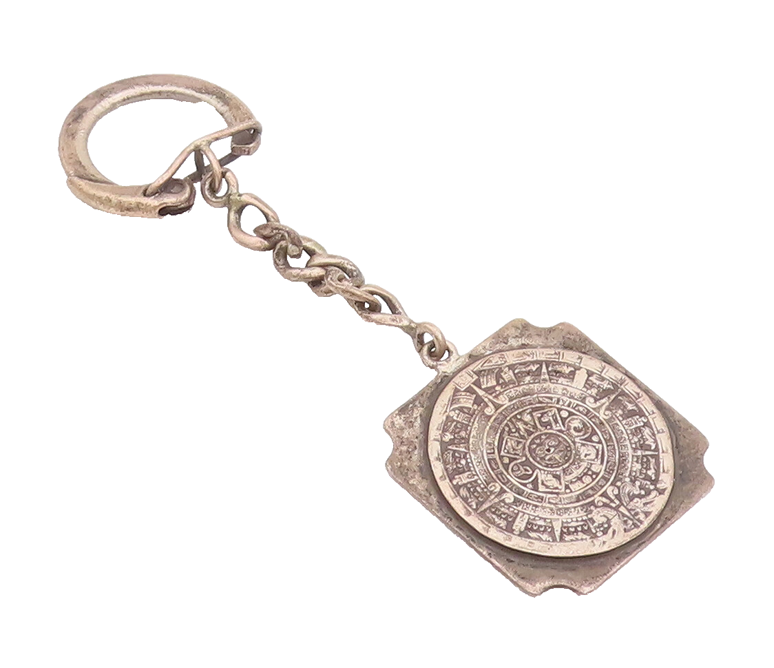 925 Sterling Silver Vintage Key Chain MEXICO Solid Carved Round Calendar  TR3705