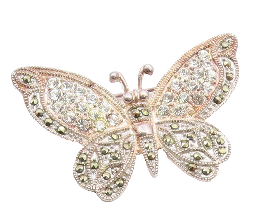 925 Sterling Silver Vintage Cubic Zirconia Marcasite Butterfly Brooch Pin BP4175