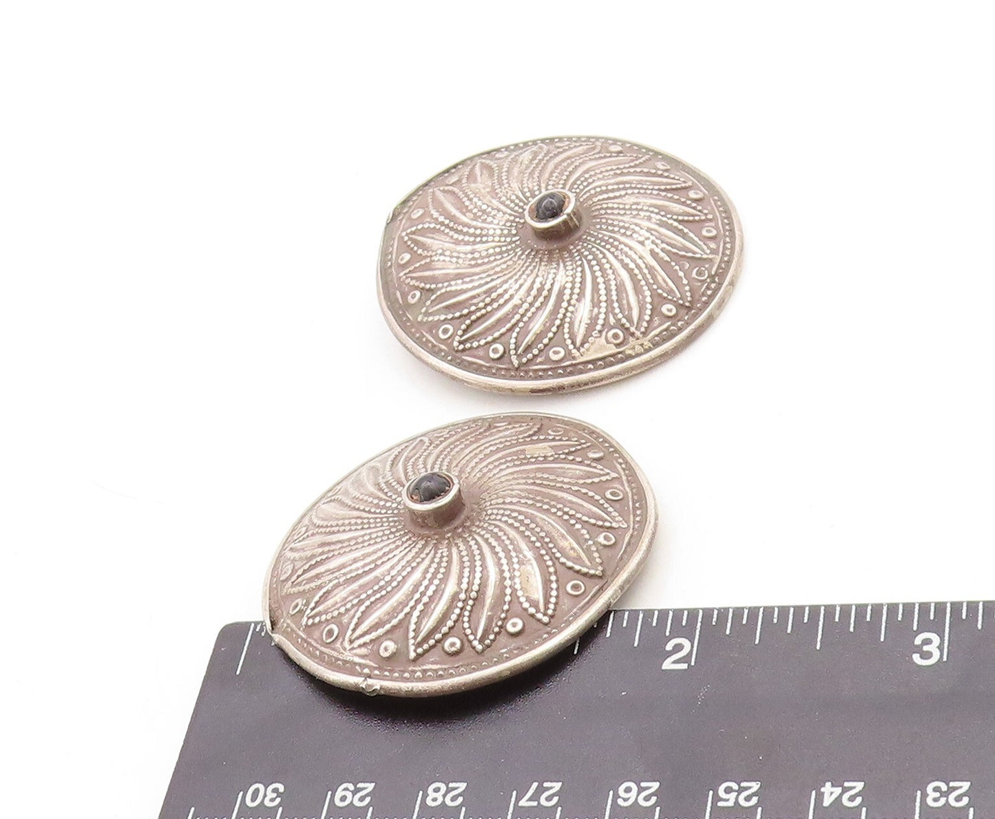 925 Sterling Silver Vintage Earrings SUDHA Dark Tone Carved Onyx Flower EG13272