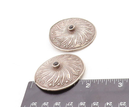 925 Sterling Silver Vintage Earrings SUDHA Dark Tone Carved Onyx Flower EG13272