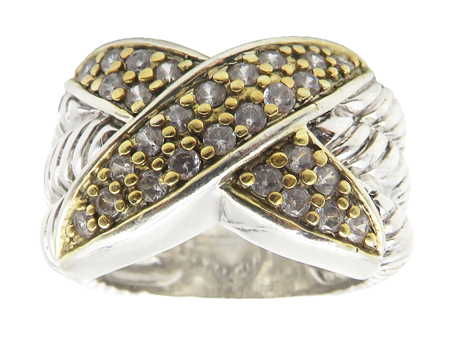 925 Sterling Silver  Topaz Two Tone Crossover Design Band Ring Sz 7.5  RG11445