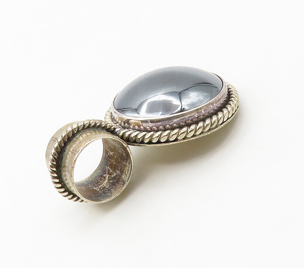 MEXICO 925 Silver  Vintage Cabochon Cut Hematite Twist Slide Pendant  PT13163