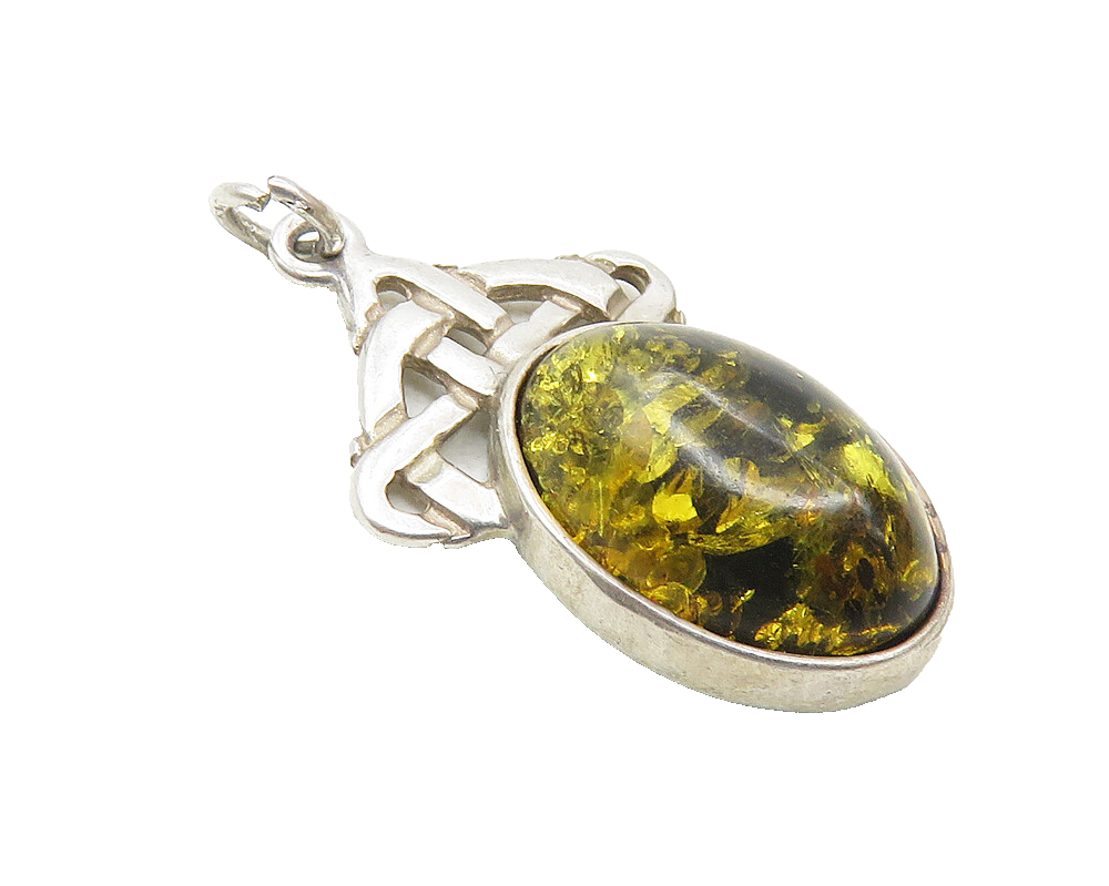 925 Sterling Silver  Vintage Cabochon Cut Amber Knotted Drop Pendant  PT7593